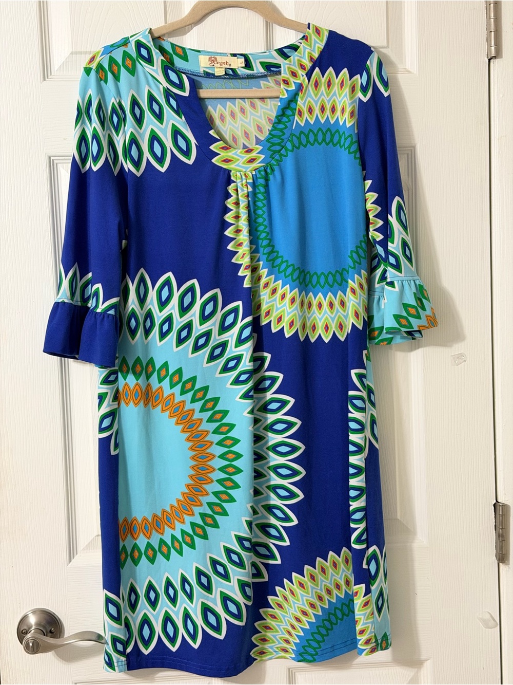Aryeh Blue, Teal & Orange Geometric Midi Dress